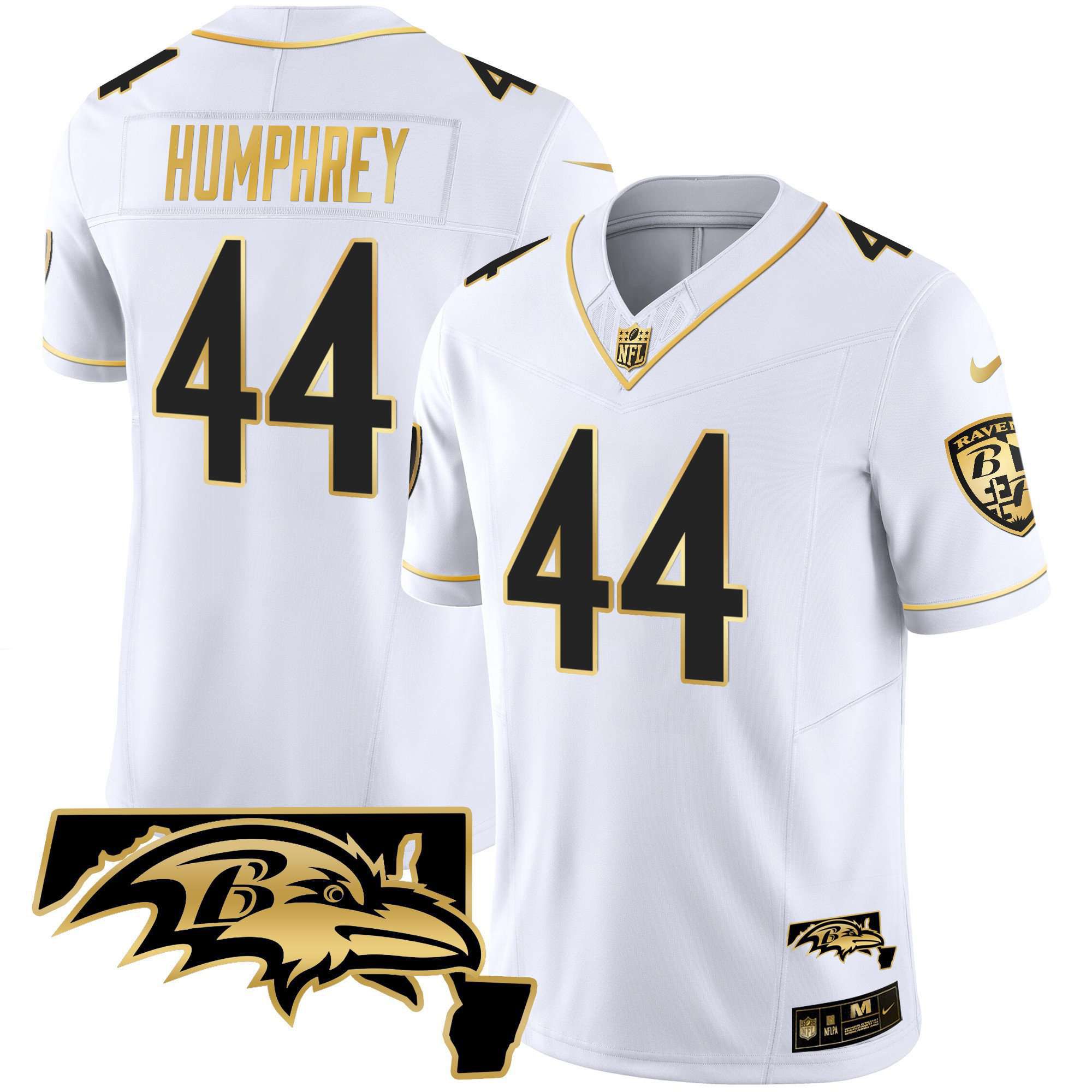 Men Baltimore Ravens 44 Humphrey White Gold 2024 Nike Maryland Patch Vapor Limited NFL Jersey